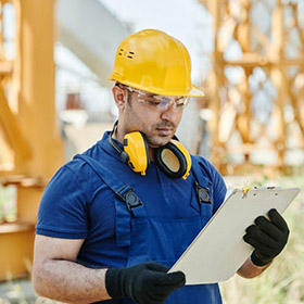 worker-2jpeg - Speedy Gold - Speedy Gold Construction worker wearing a yellow hard hat and safety goggles reads a clipboard at a construction site, with cranes in the background.