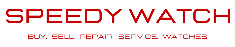 Red logo reading SPEEDY WATCH with the tagline 'BUY. SELL. REPAIR. SERVICE. WATCHES' on a black background.