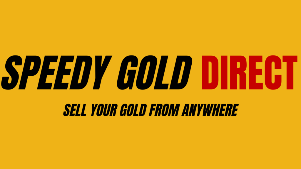Poster-style ad: 'Speedy Gold Direct' with bold black and red text on a gold background, tagline 'Sell your gold from anywhere'