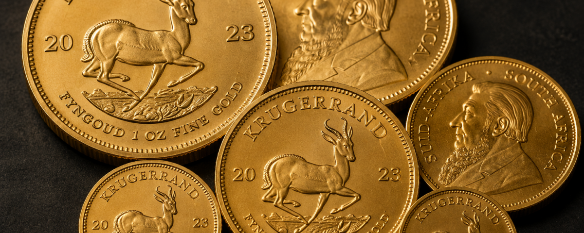 Gold Krugerrand coins of various sizes on a dark background, showing the antelope motif and bearded portrait on the opposite side.